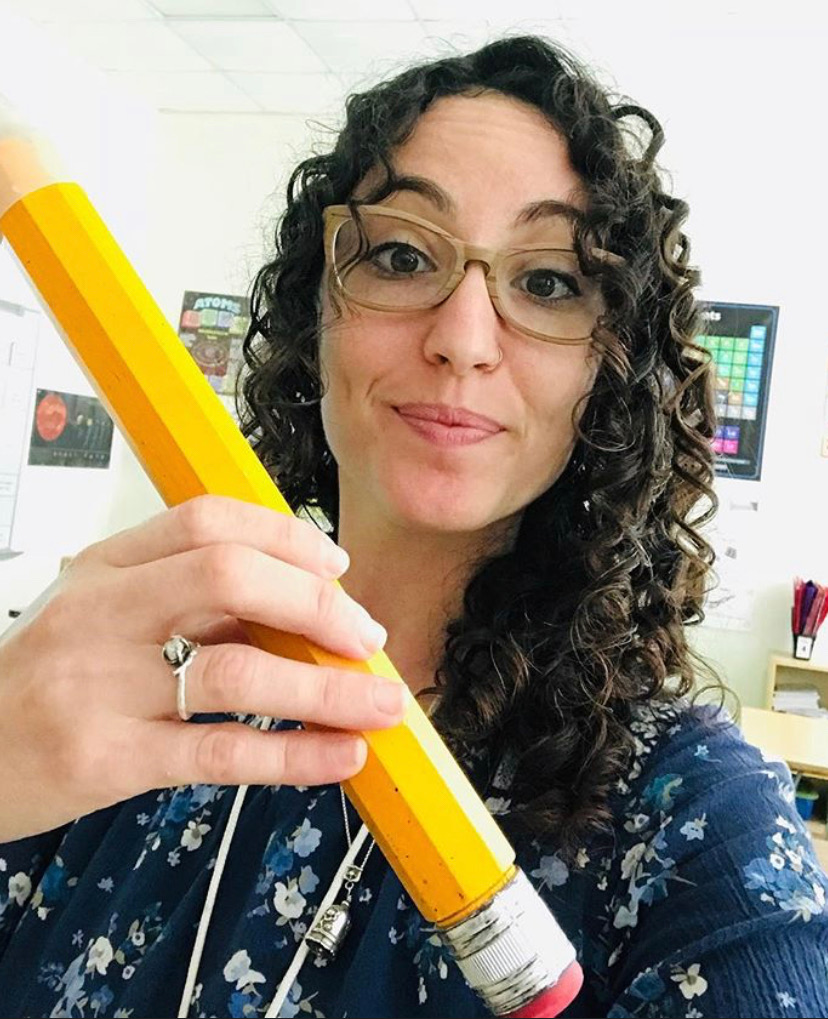 selfie of Mrs. Argubright with a giant pencil